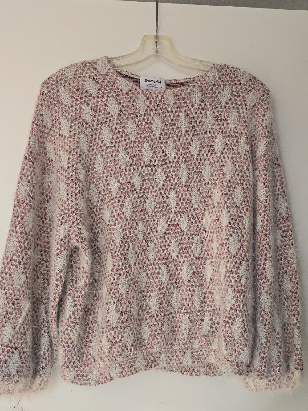 Sam & Lavi Fuzzy Eyelash Knit Sweater Womens S Cream Pink Open Weave Coquette Co